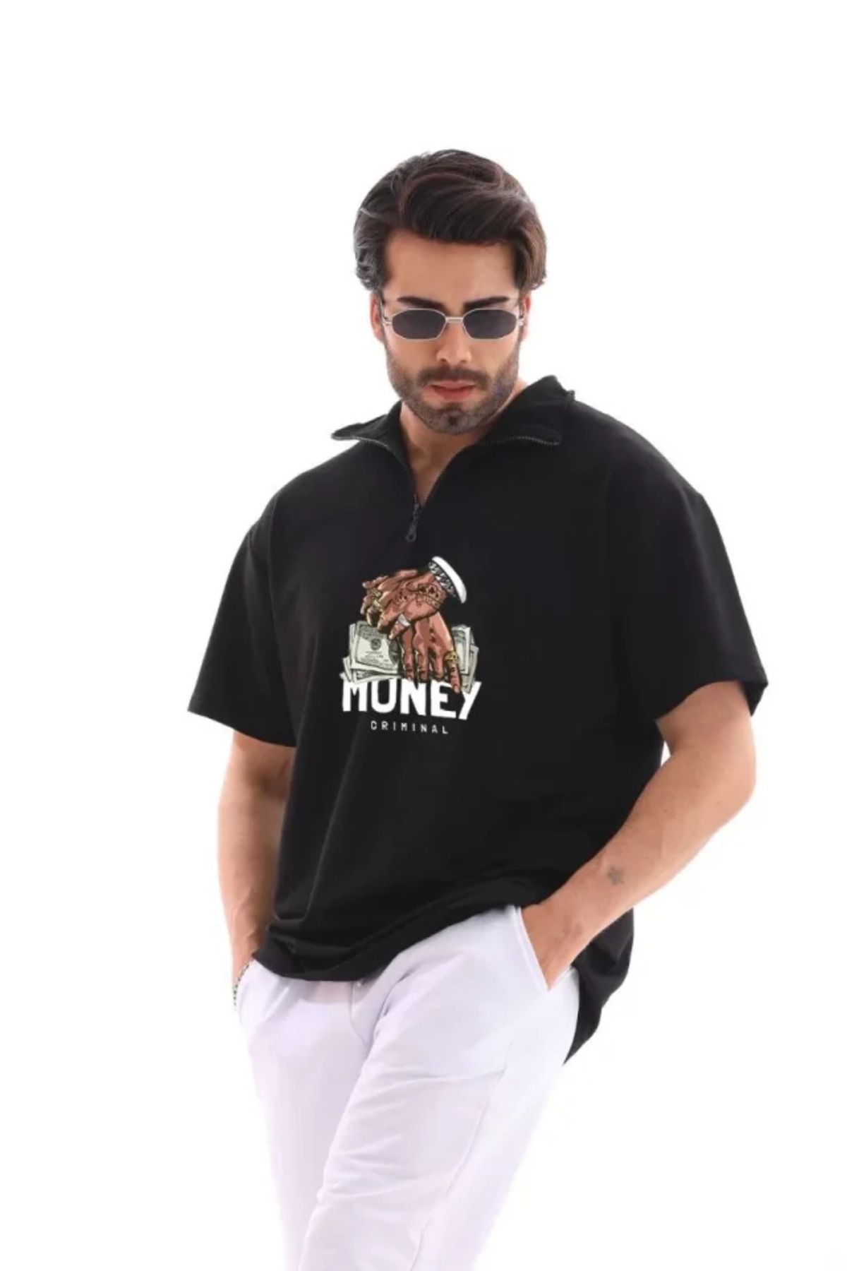Asap Unisex Yarım Fermuarlı Oversize Baskılı T-Shirt - Siyah