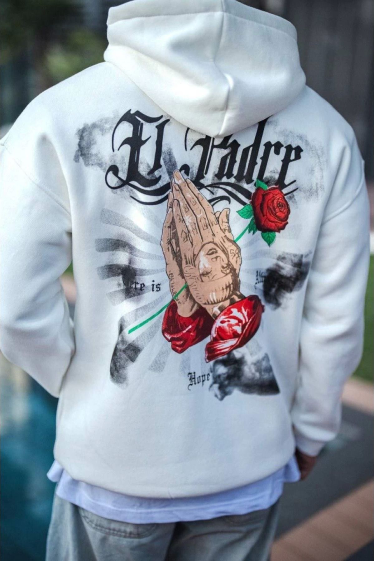 NİDAM BUTİK Üç İplik Penye Kapşonlu Baskılı SweatShirt - Beyaz