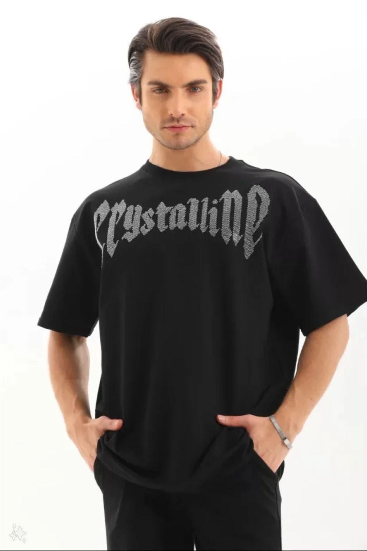 Albayrak Unisex Oversize Taşlı T-Shirt - Siyah