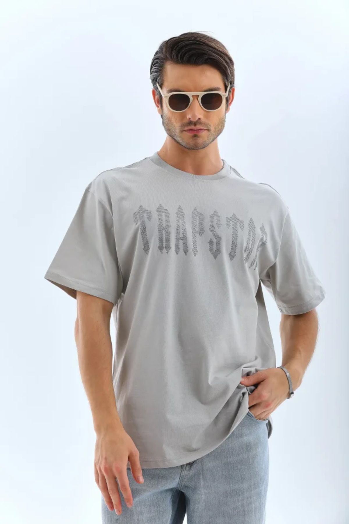 jupiter global bazaar Oversize Taşlı Bisiklet T-Shirt - Gri