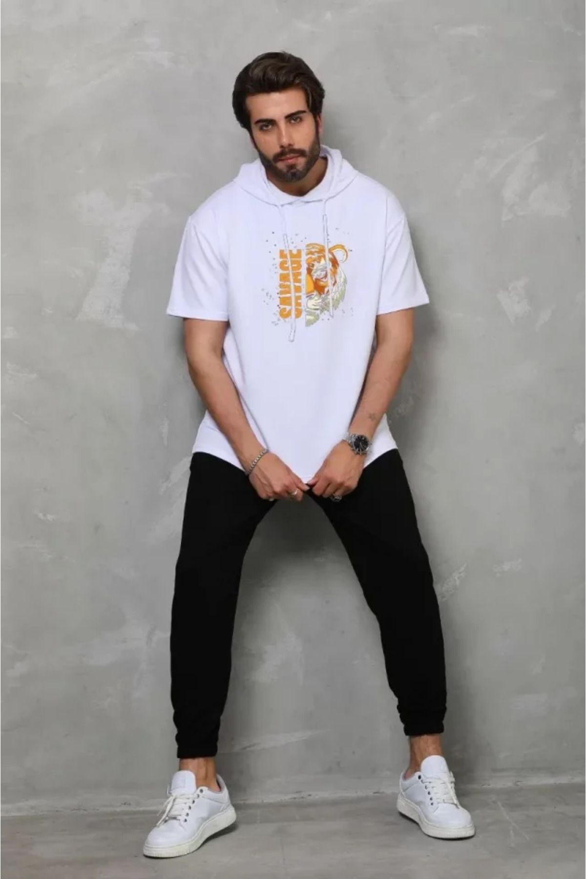 Asap Unisex Kapşonlu Kısa Kol Oversize Baskılı T-Shirt - Beyaz