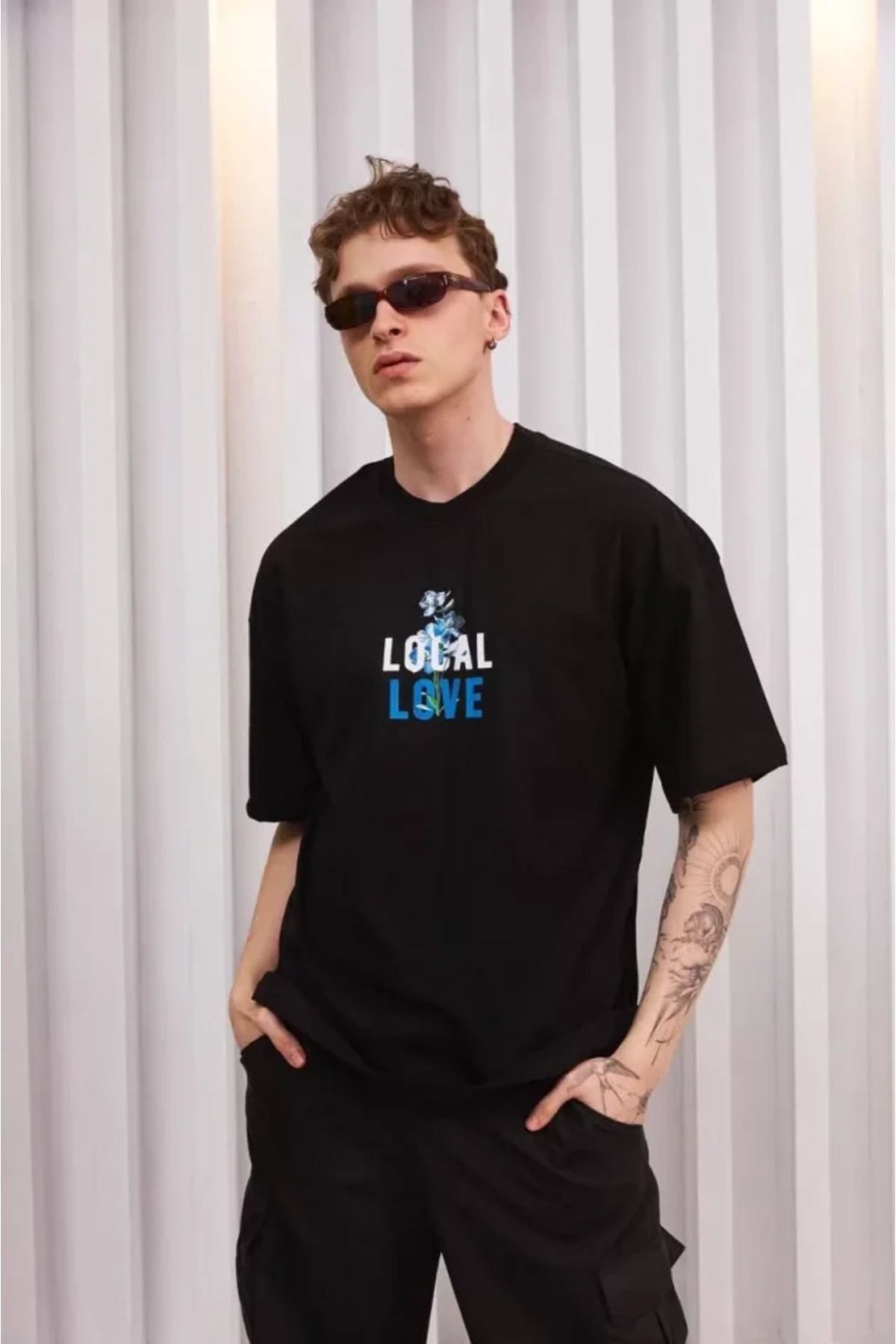 Asap Unisex Bisiklet Yaka Baskılı Oversize T-Shirt - Siyah