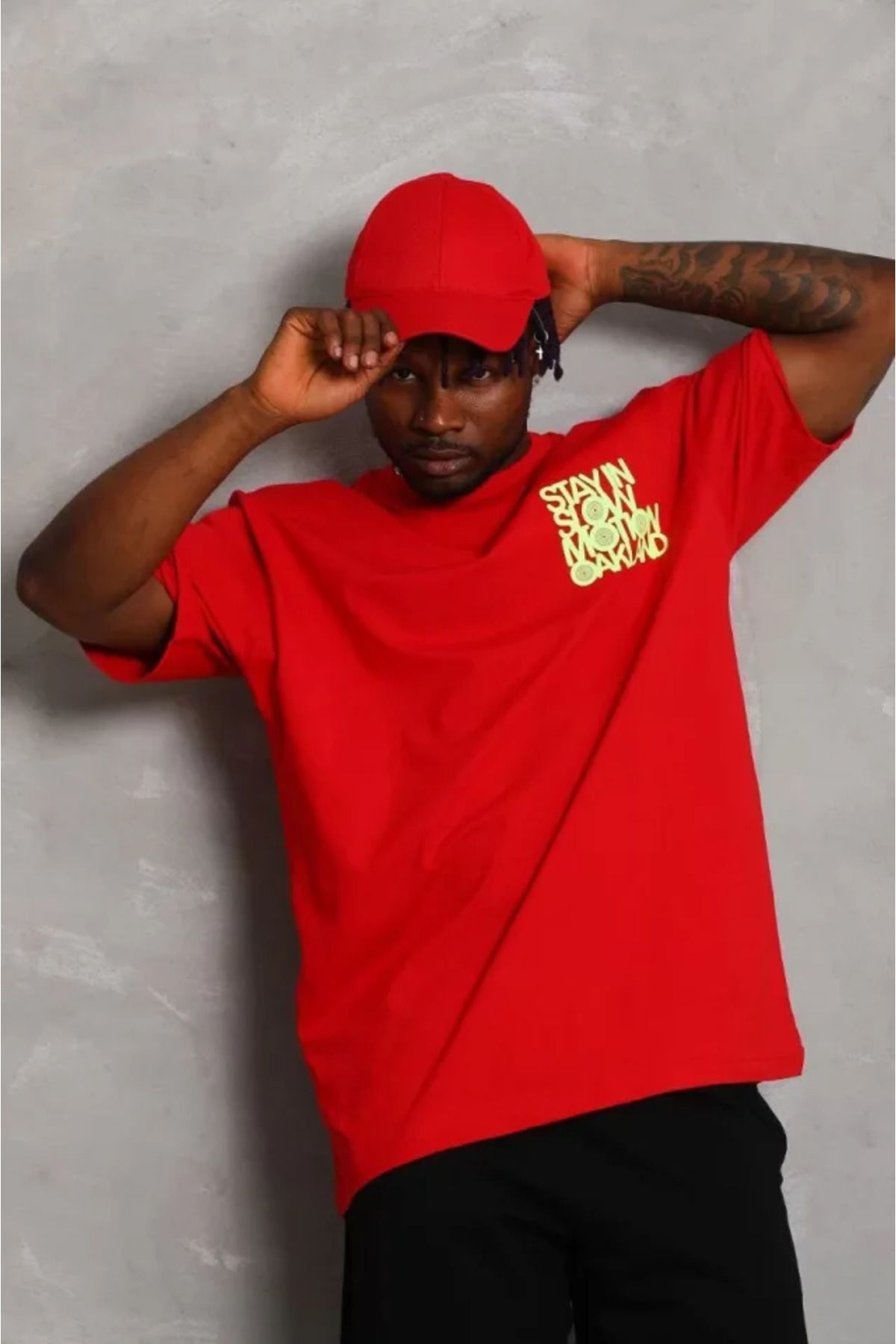 Albayrak Unisex Oversize Baskılı Bisiklet Yaka T-Shirt - Kırmızı