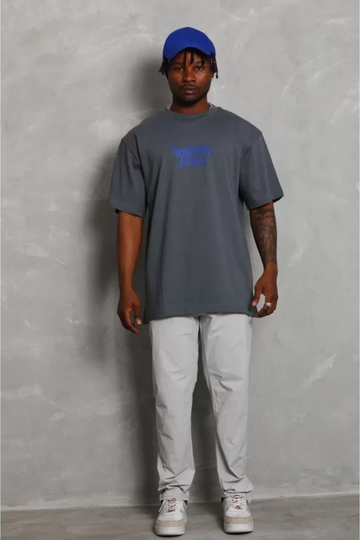 NİDAM BUTİK Unisex Oversize Baskılı Bisiklet Yaka T-Shirt - Füme