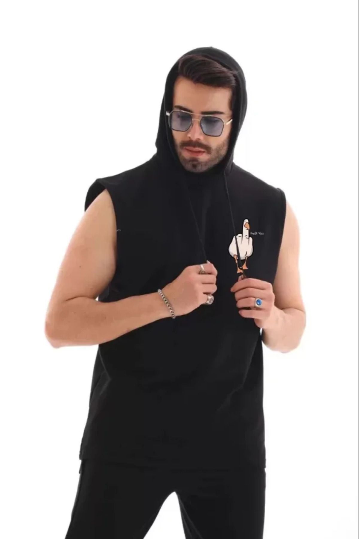 novafems Unisex Kapşonlu Kolsuz Oversize Baskılı Tişört - Siyah