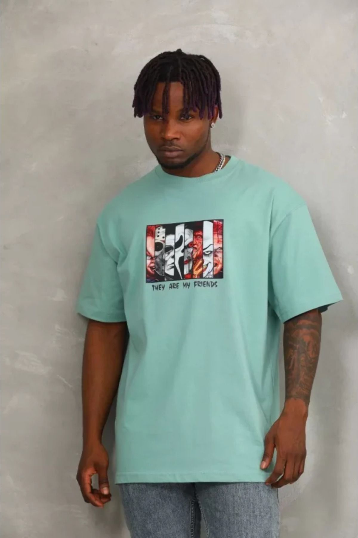 Albayrak Unisex Oversize Baskılı Bisiklet Yaka T-Shirt - Mint Yeşili