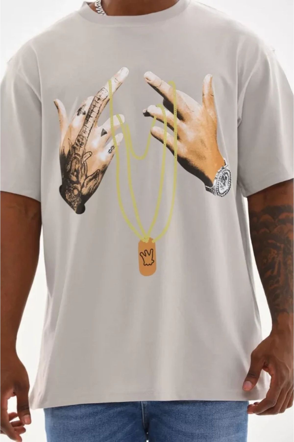 NİDAM BUTİK Unisex Baskılı Oversize T-Shirt - Gri