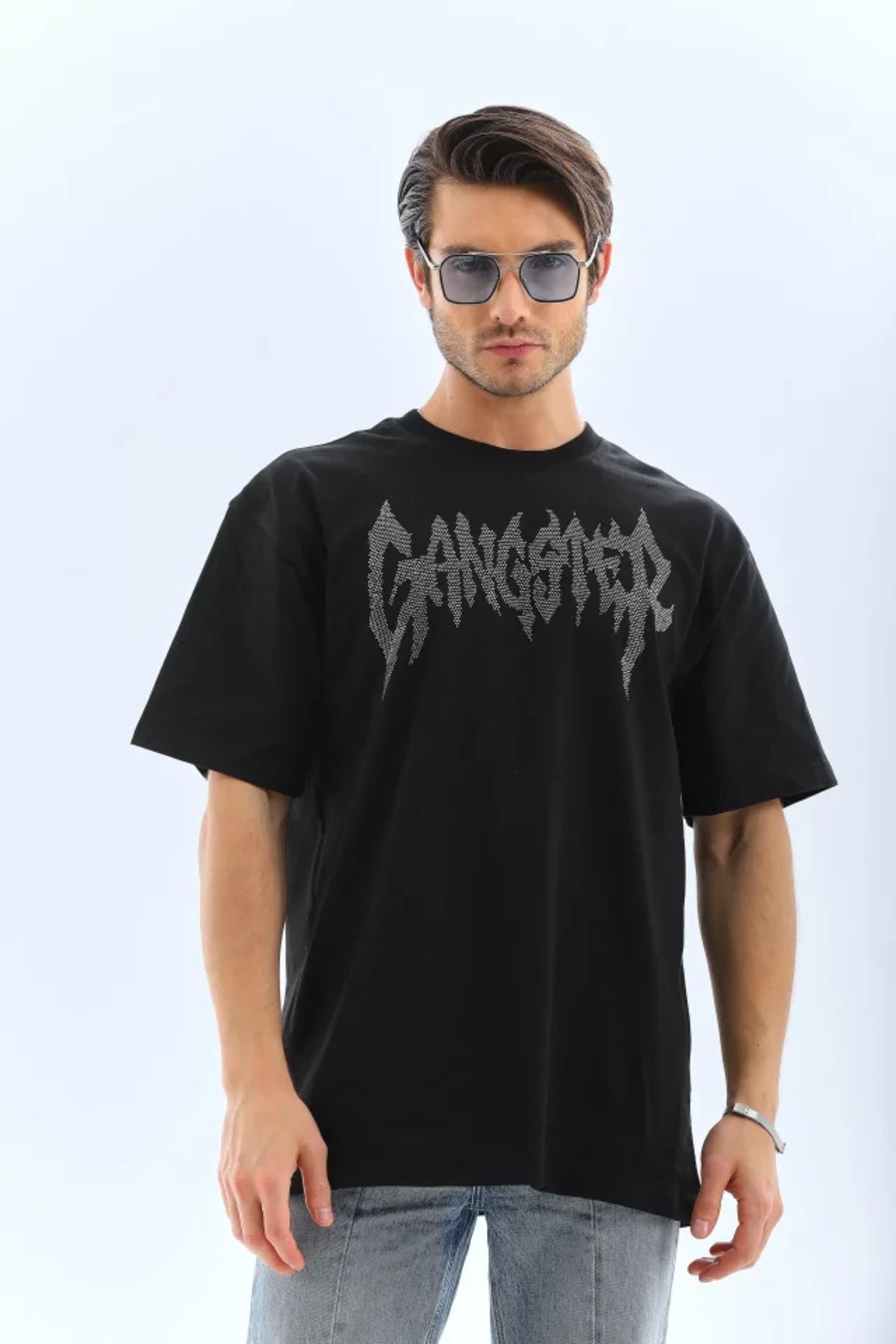 Asap Unisex Oversize Taşlı Bisiklet Yaka T-Shirt - Siyah