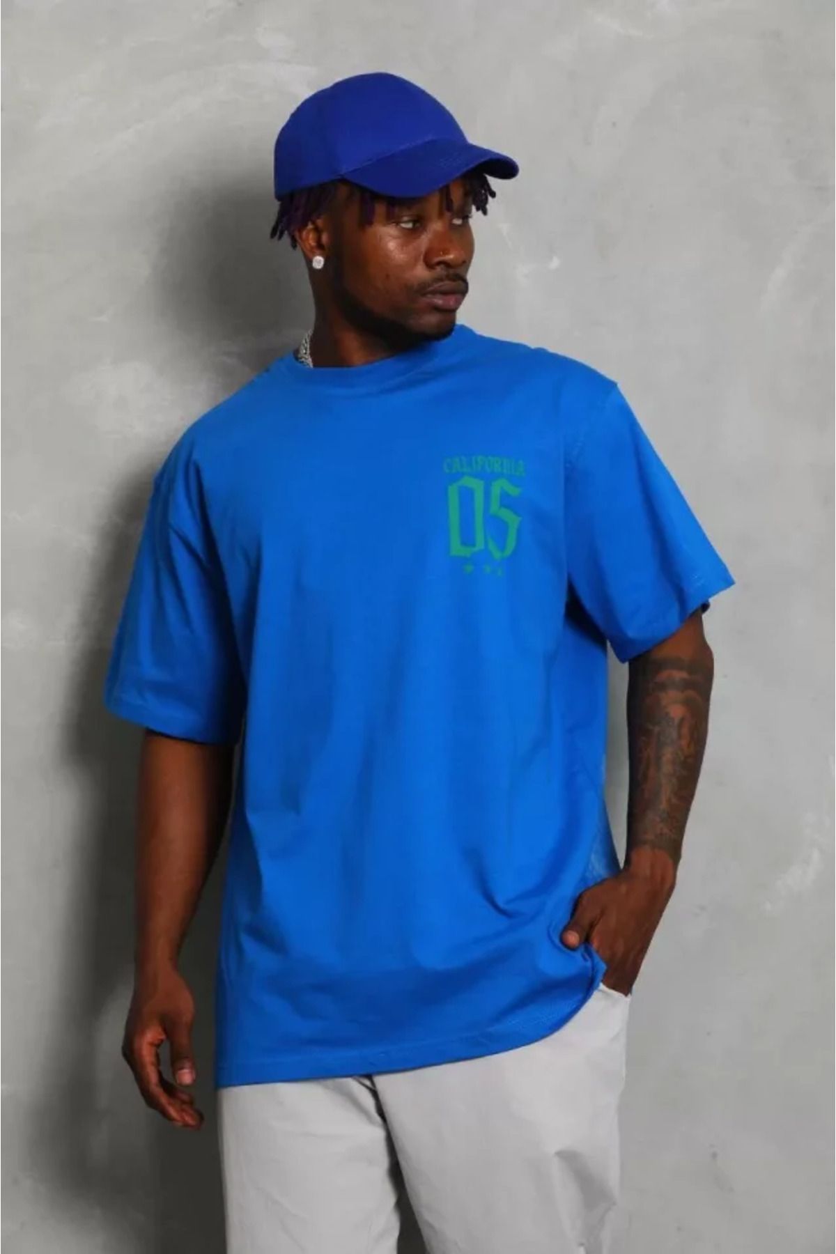 vivenza Unisex Oversize Baskılı Bisiklet Yaka T-Shirt - Mavi