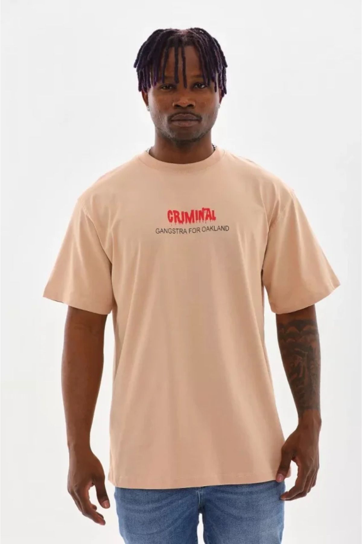 NİDAM BUTİK Unisex Baskılı Oversize T-Shirt - Bej