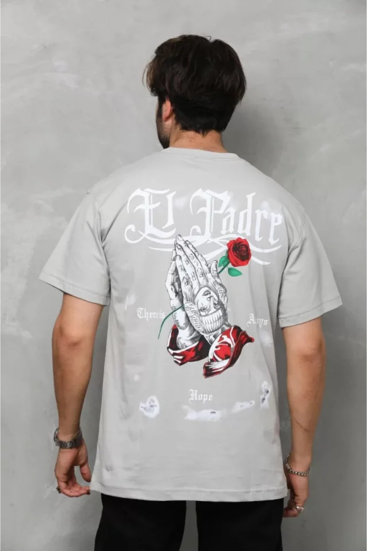 Unisex Bisiklet Yaka Baskılı Oversize T-Shirt - Gri