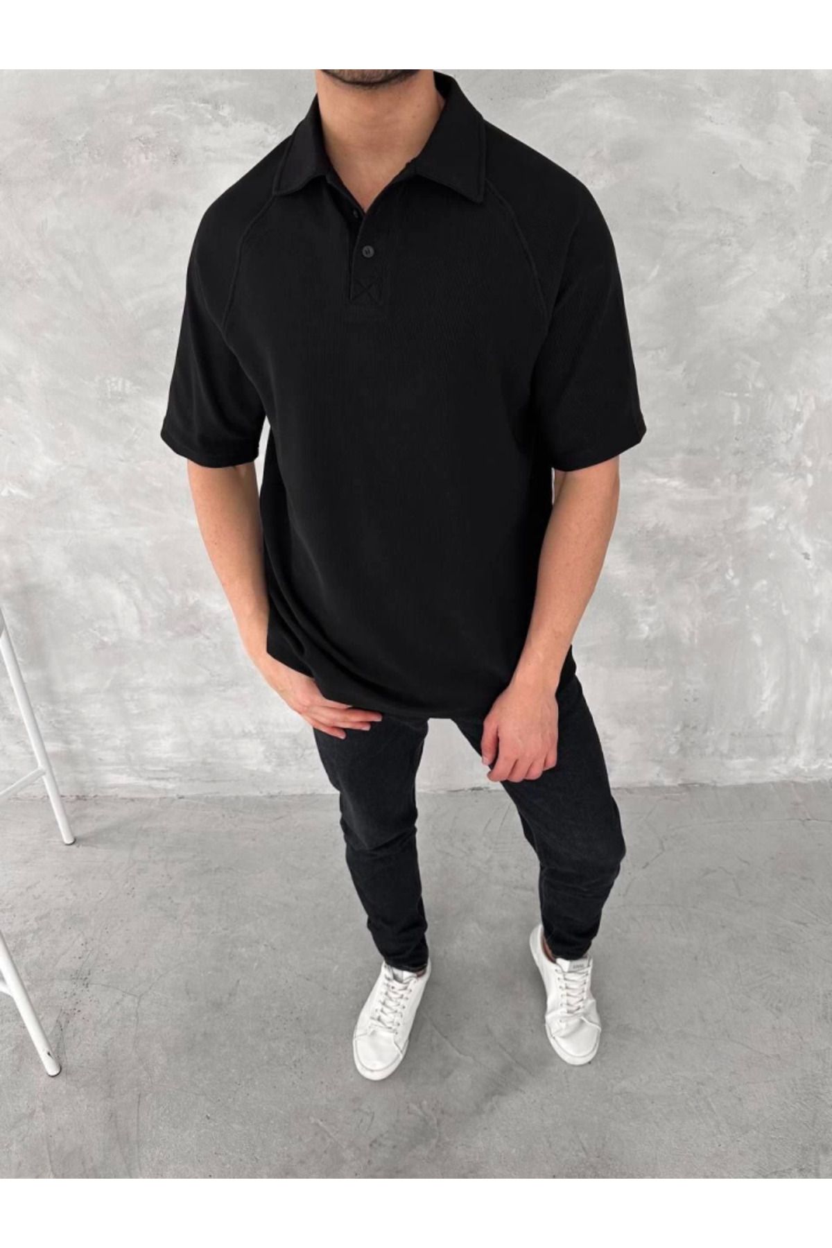MHT STORE Yakalı Patlı Kısa Kol T-shirt - Siyah