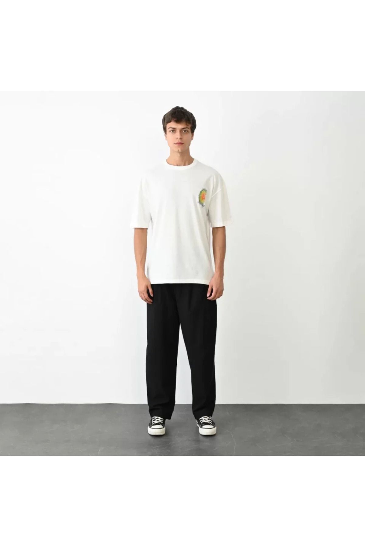 Albayrak Unisex Bisiklet Yaka Baskılı Oversize T-Shirt - Beyaz