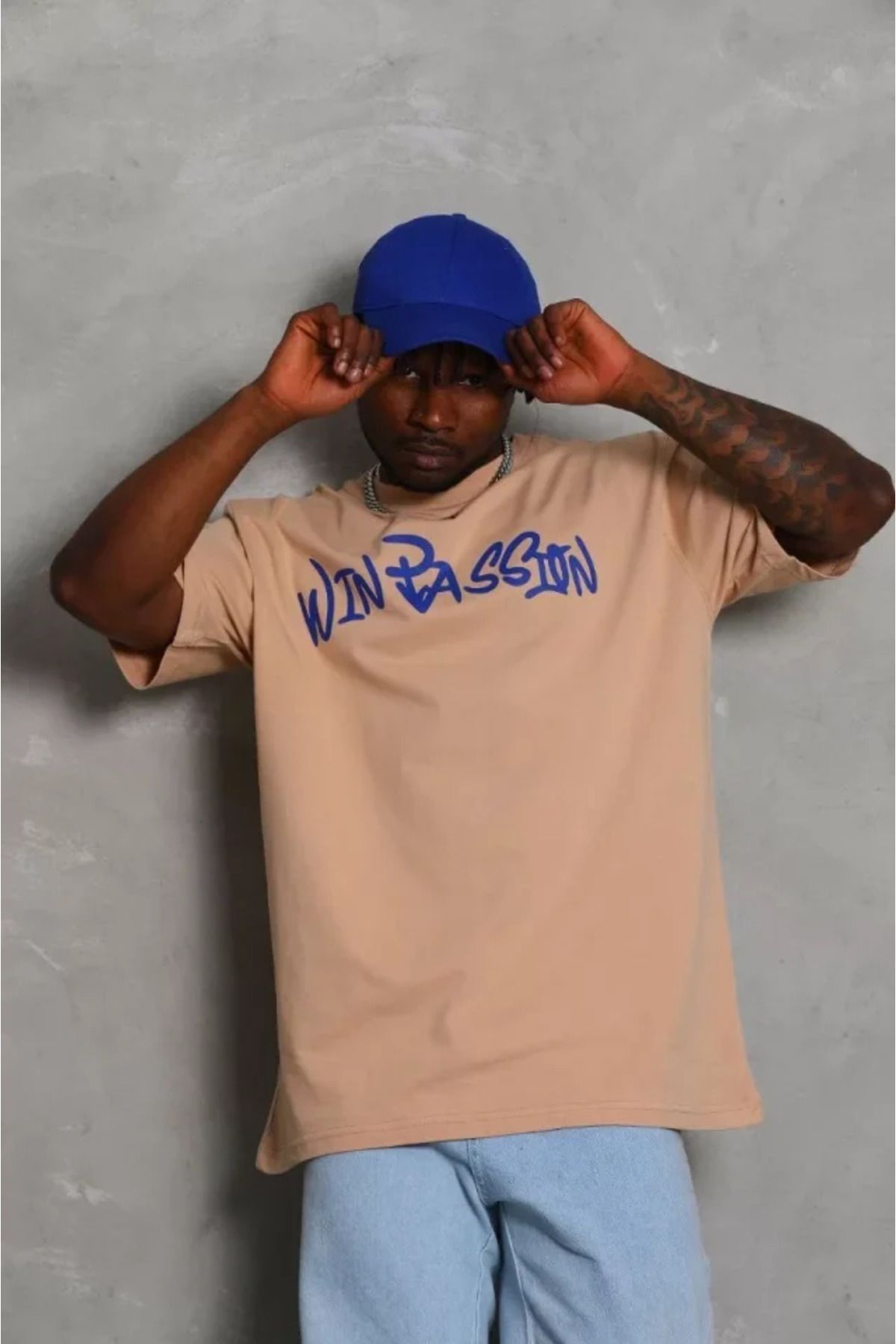 ModaCity-Beige Unisex Oversize Crew Neck T-Shirt - Printed 4