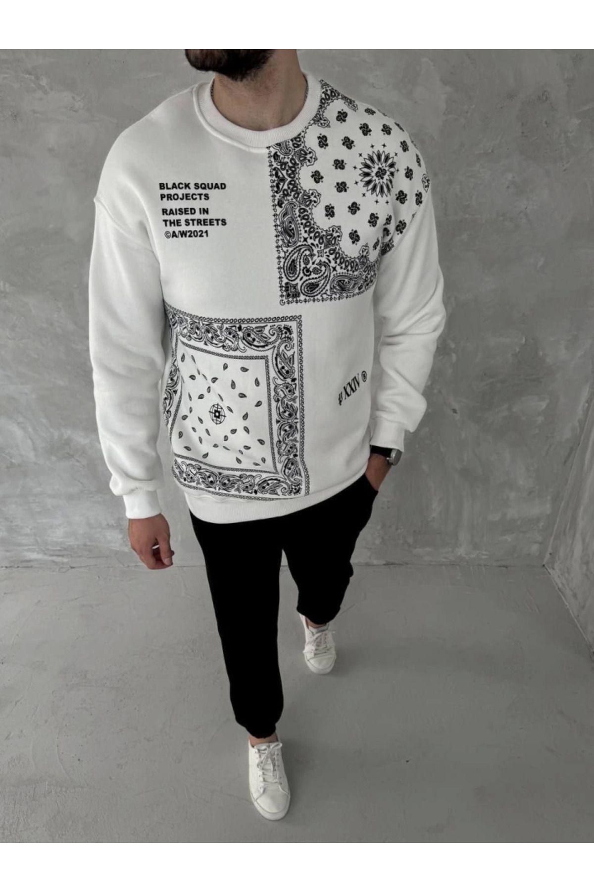 jupiter global bazaar Üç Iplik Desenli Bisiklet Yaka Oversize Sweatshirt - Beyaz