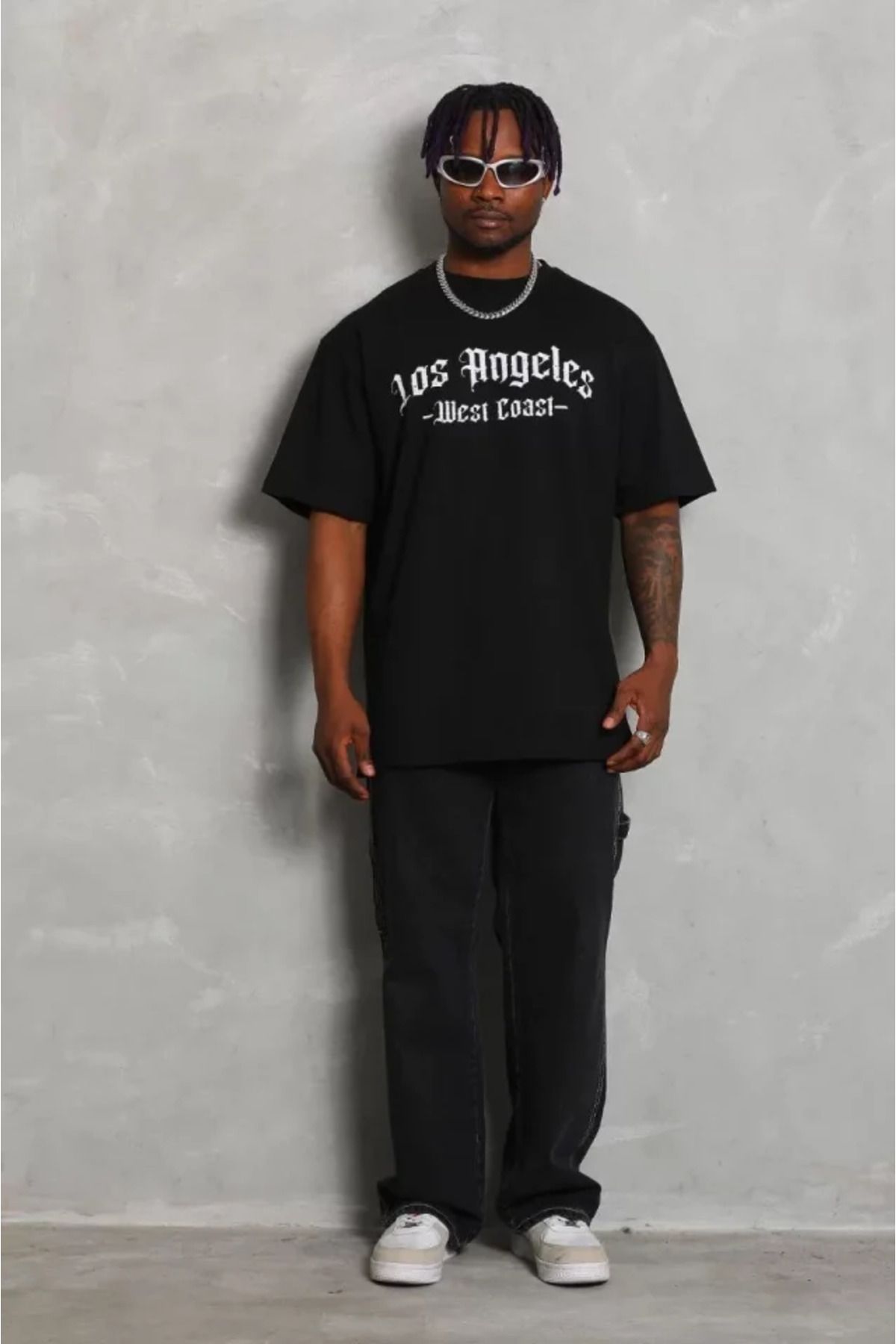 Asap Unisex Oversize Baskılı Bisiklet Yaka T-Shirt - Siyah