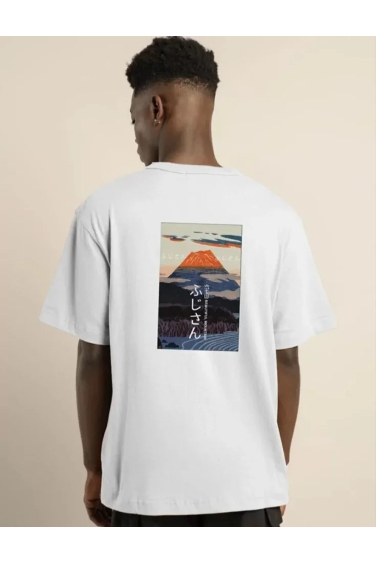 Unisex Bisiklet Yaka Baskılı Oversize T-Shirt - Beyaz