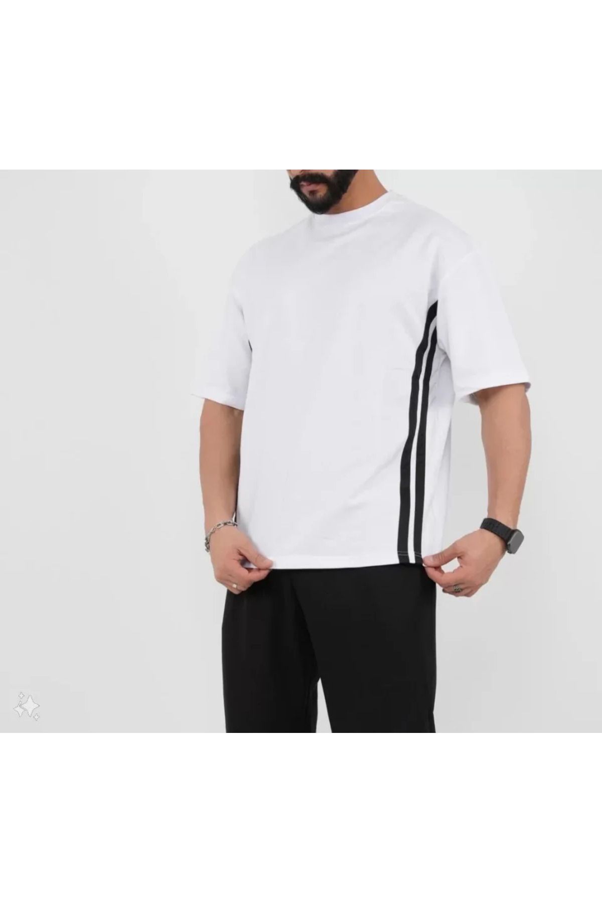 meisa Unisex Oversize Yanları Şeritli T-Shirt - Beyaz