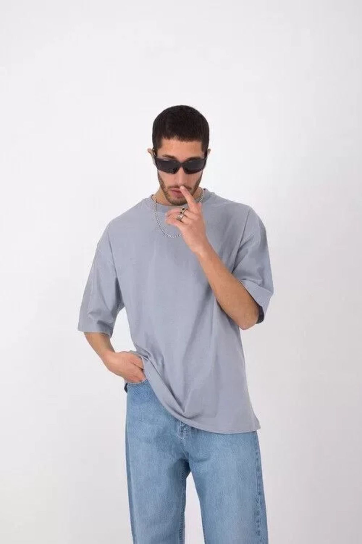 Asap Unisex Basic Bisiklet Yaka Oversize T-Shirt - Gri