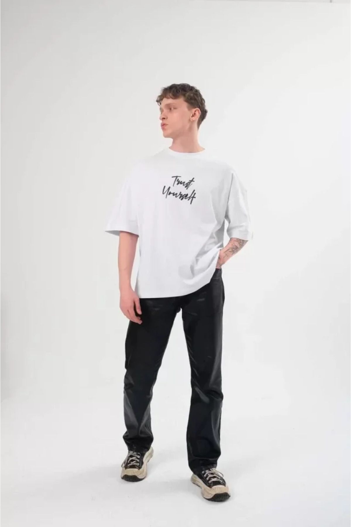 Asap Unisex Bisiklet Yaka Baskılı Oversize T-Shirt - Beyaz