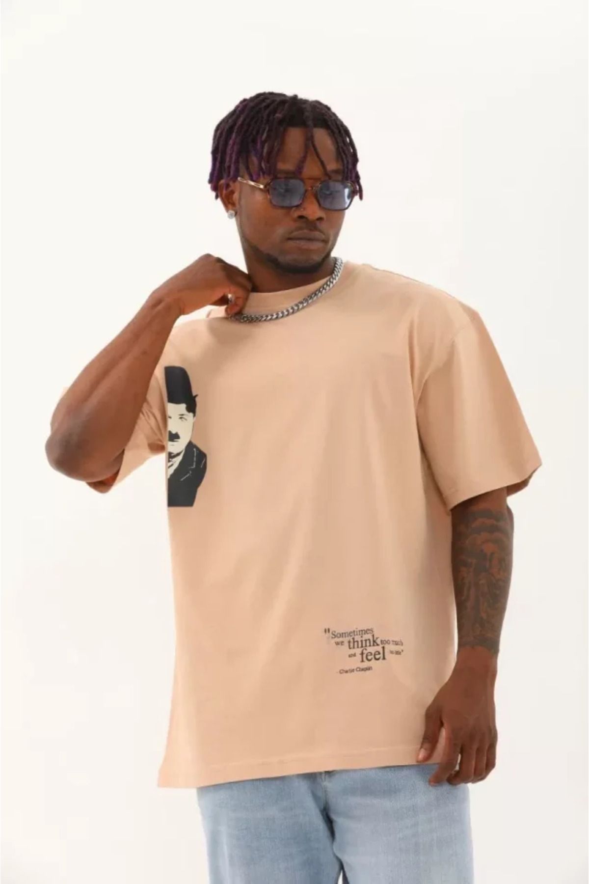 Albayrak Unisex Oversize Baskılı Bisiklet Yaka T-Shirt - Bej