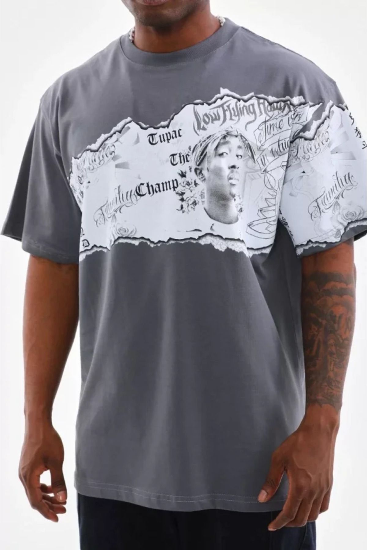 MRA Fashion Unisex Bisiklet Yaka Baskılı Oversize T-Shirt - Gri