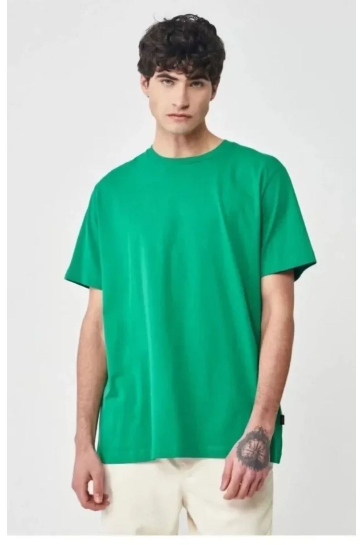 Asap Unisex Düz Biskilet Yaka Oversize T-shirt - Yeşil