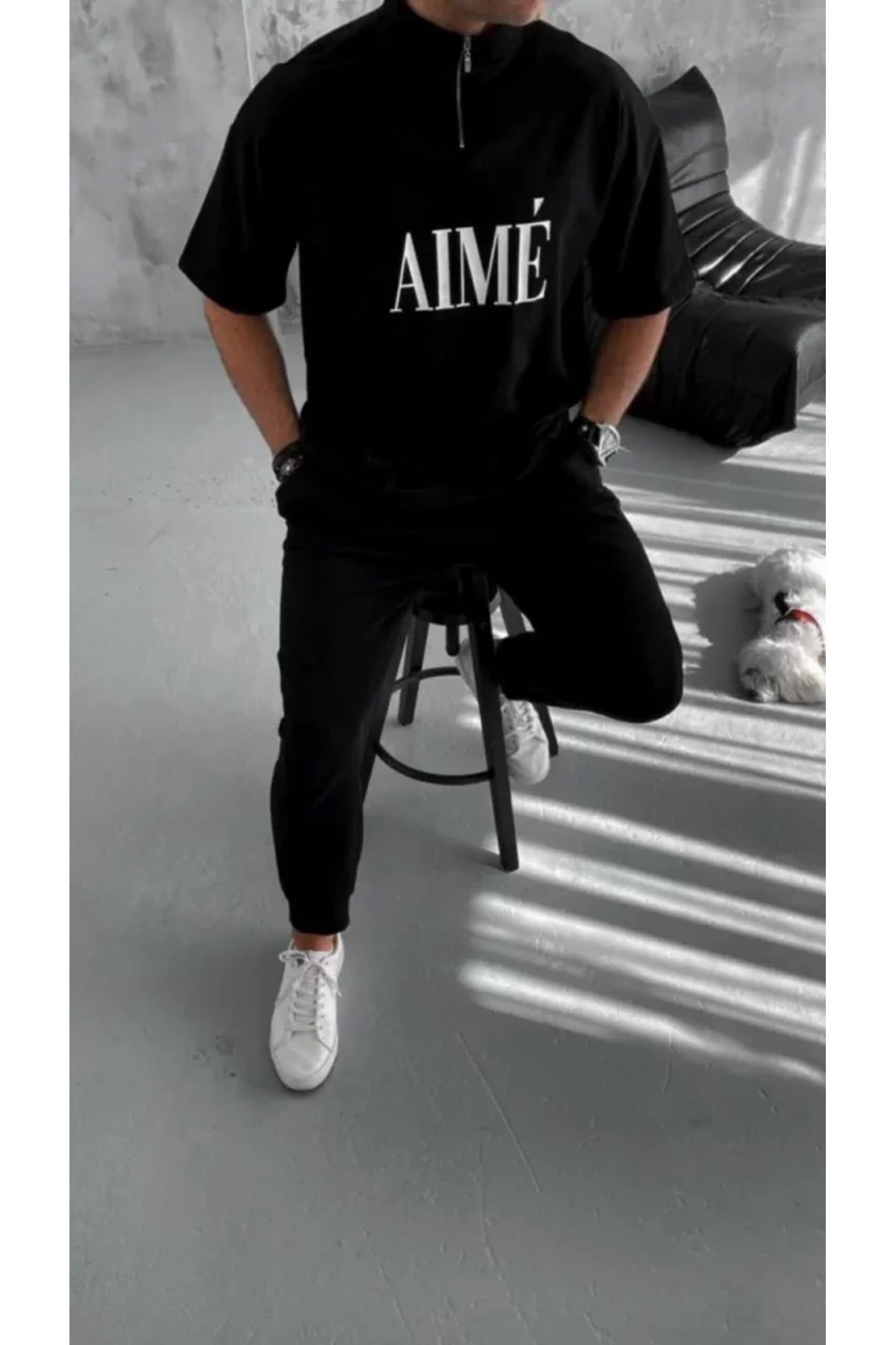 Unisex Yarım Fermuarlı Baskılı T-Shirt - Siyah