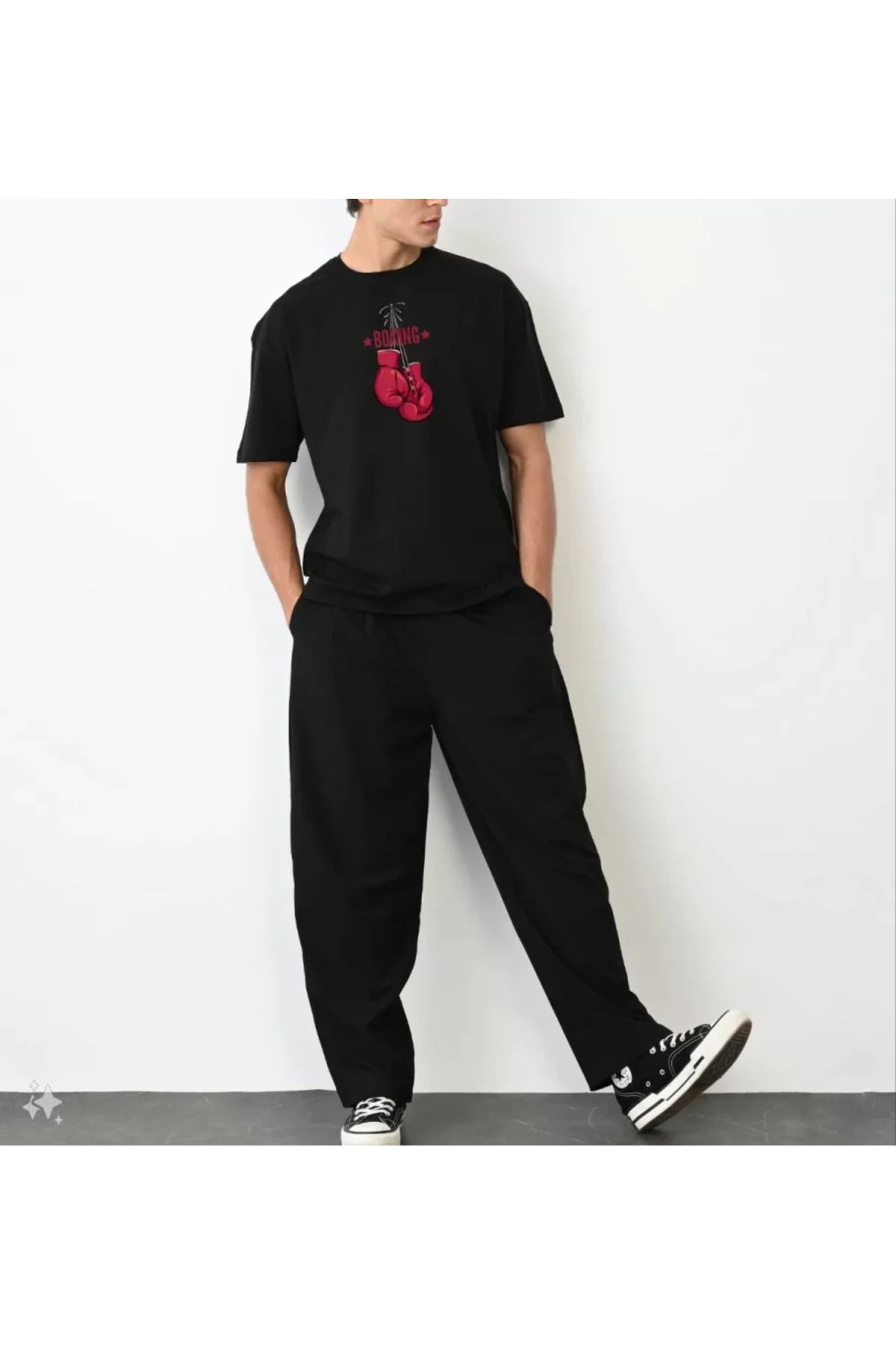 Asap Unisex Bisiklet Yaka Baskılı Oversize T-Shirt - Siyah