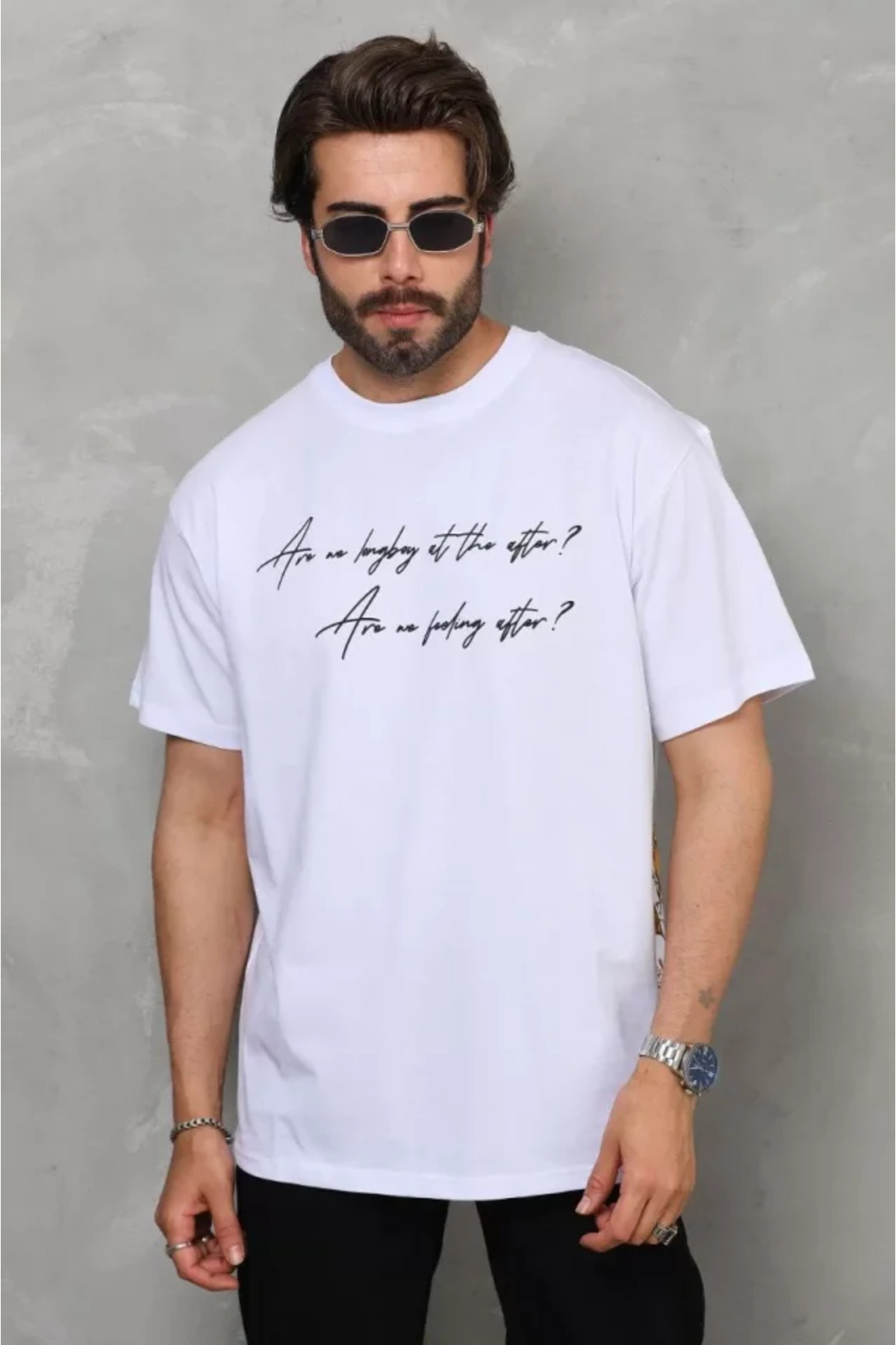 Unisex Bisiklet Yaka Baskılı Oversize T-shirt - Beyaz