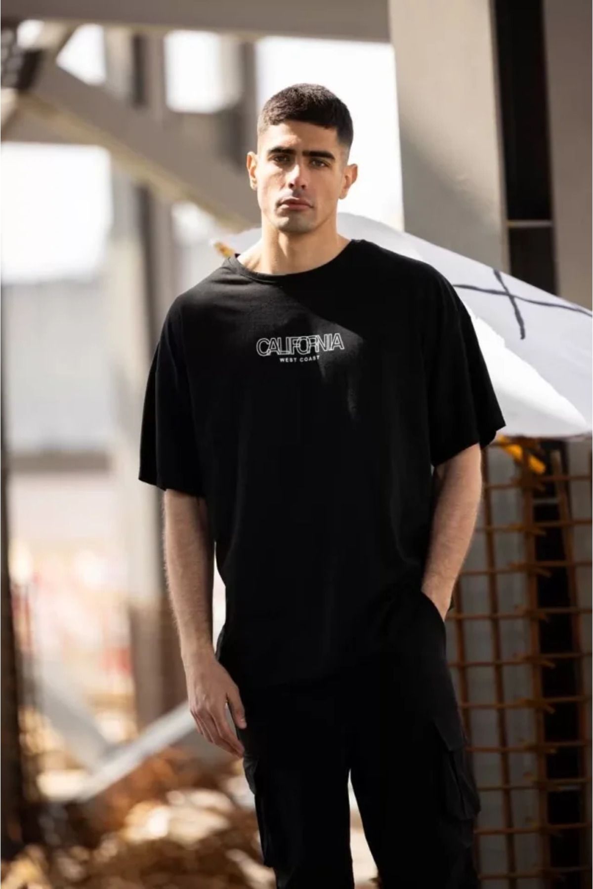 Asap Unisex Bisiklet Yaka Baskılı Oversize T-Shirt - Siyah
