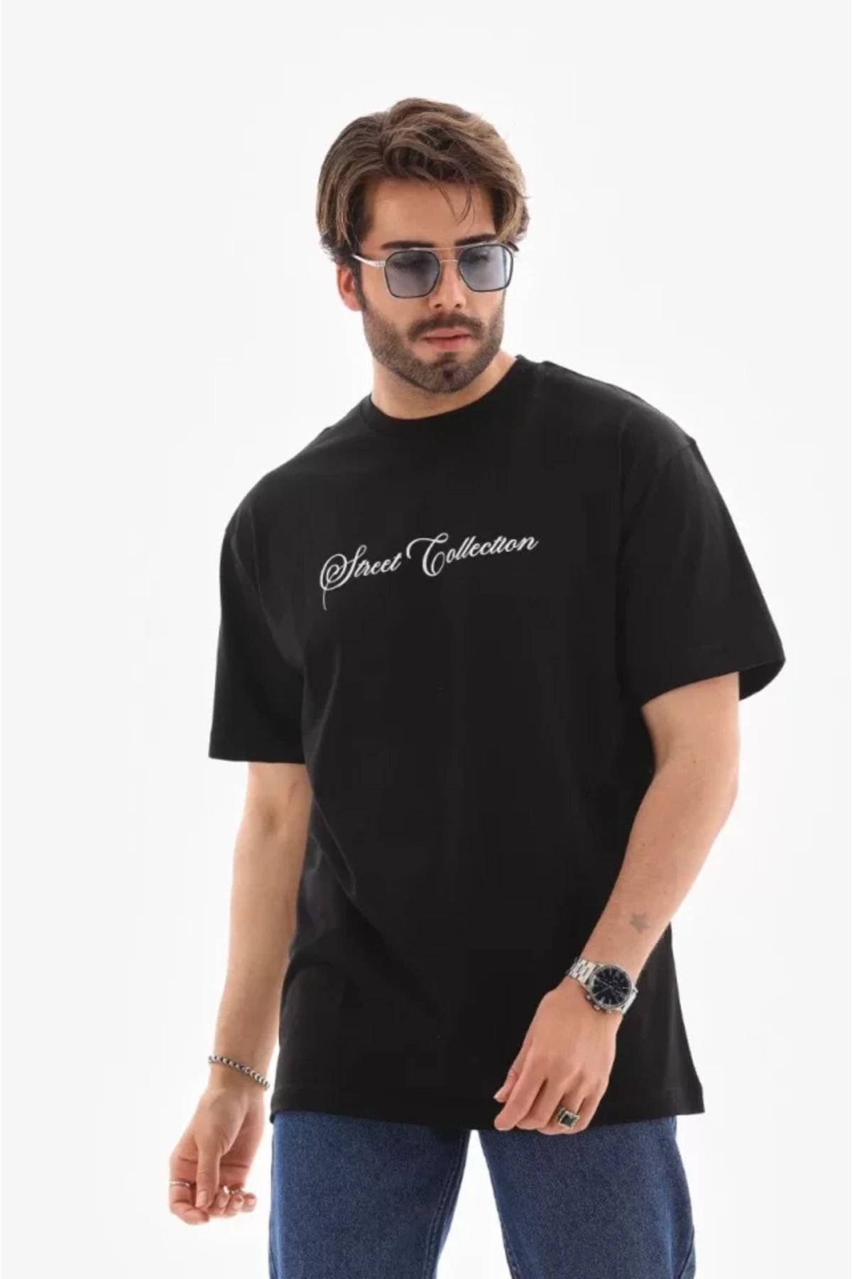 Asap Unisex Bisiklet Yaka Baskılı Oversize T-Shirt - Siyah
