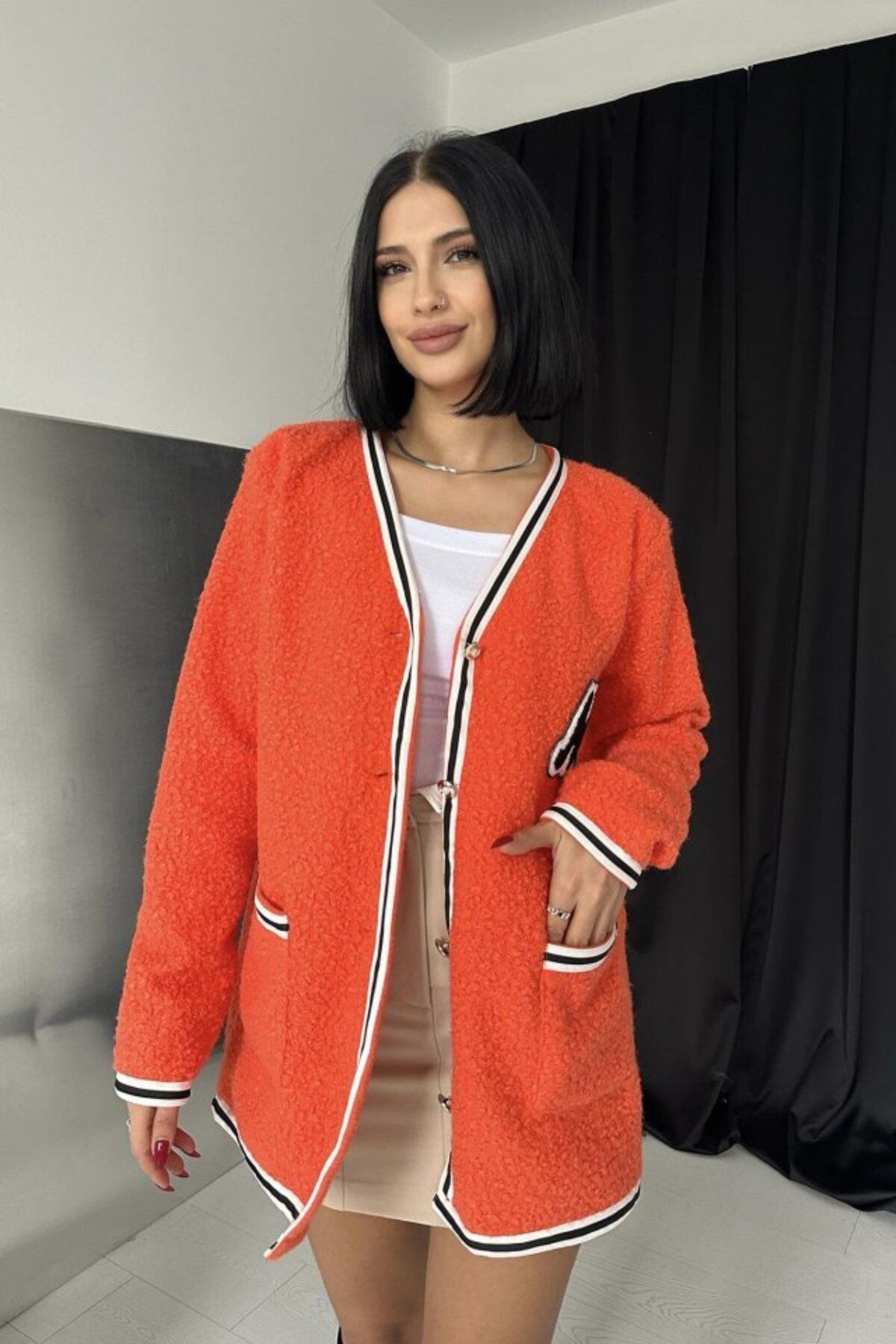 ASFSTORE Oranj Şeritli Bukle Hırka