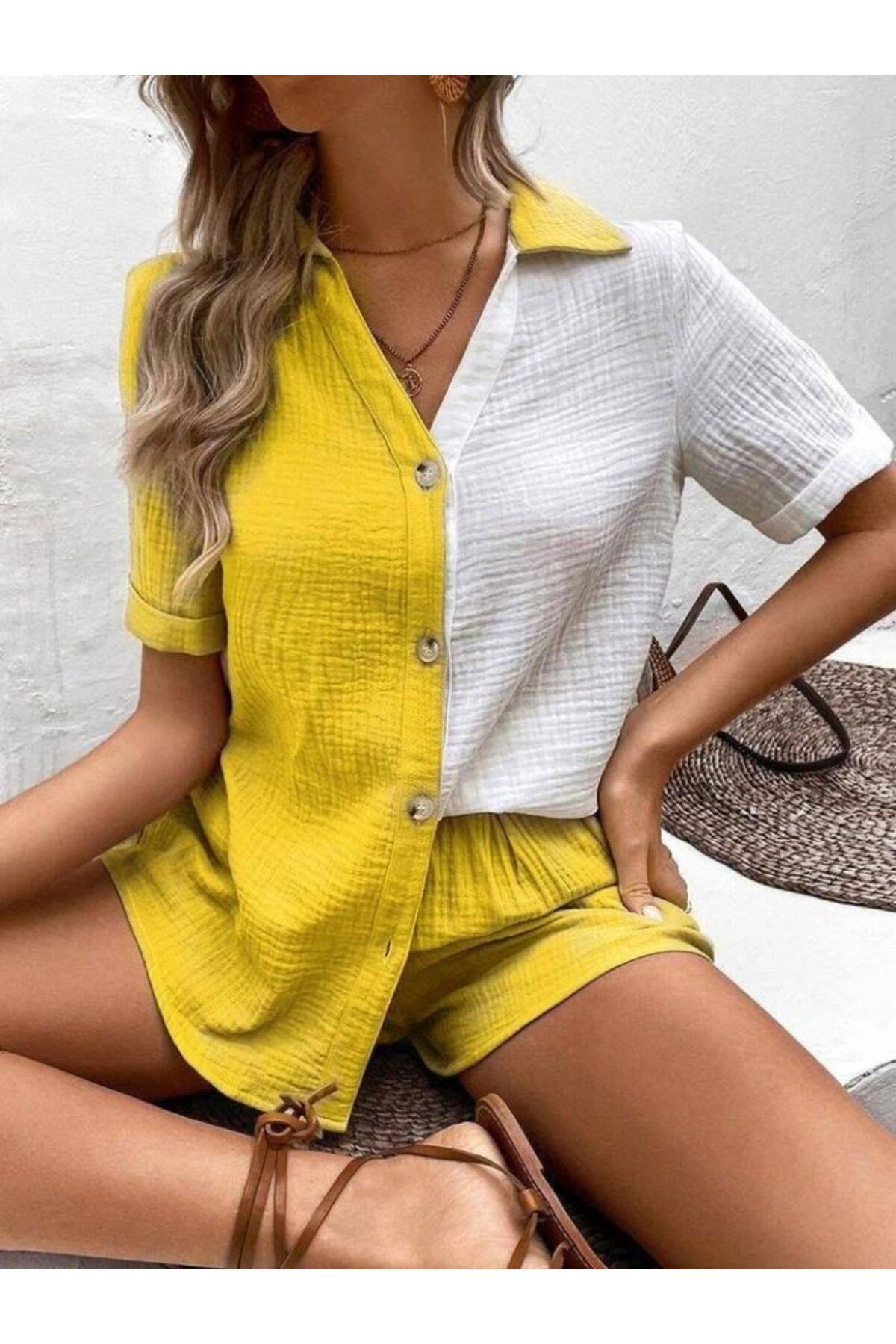 velmorafashion Kadın Müslim Keten Kumaş çiftren şort Gömlek Takım