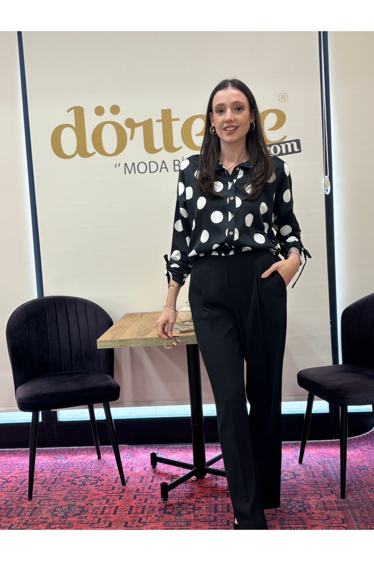 AYHAN-Silk Satin Shirt with Front Buttons, Elastic Front and Long Polka Dots on the Back 3