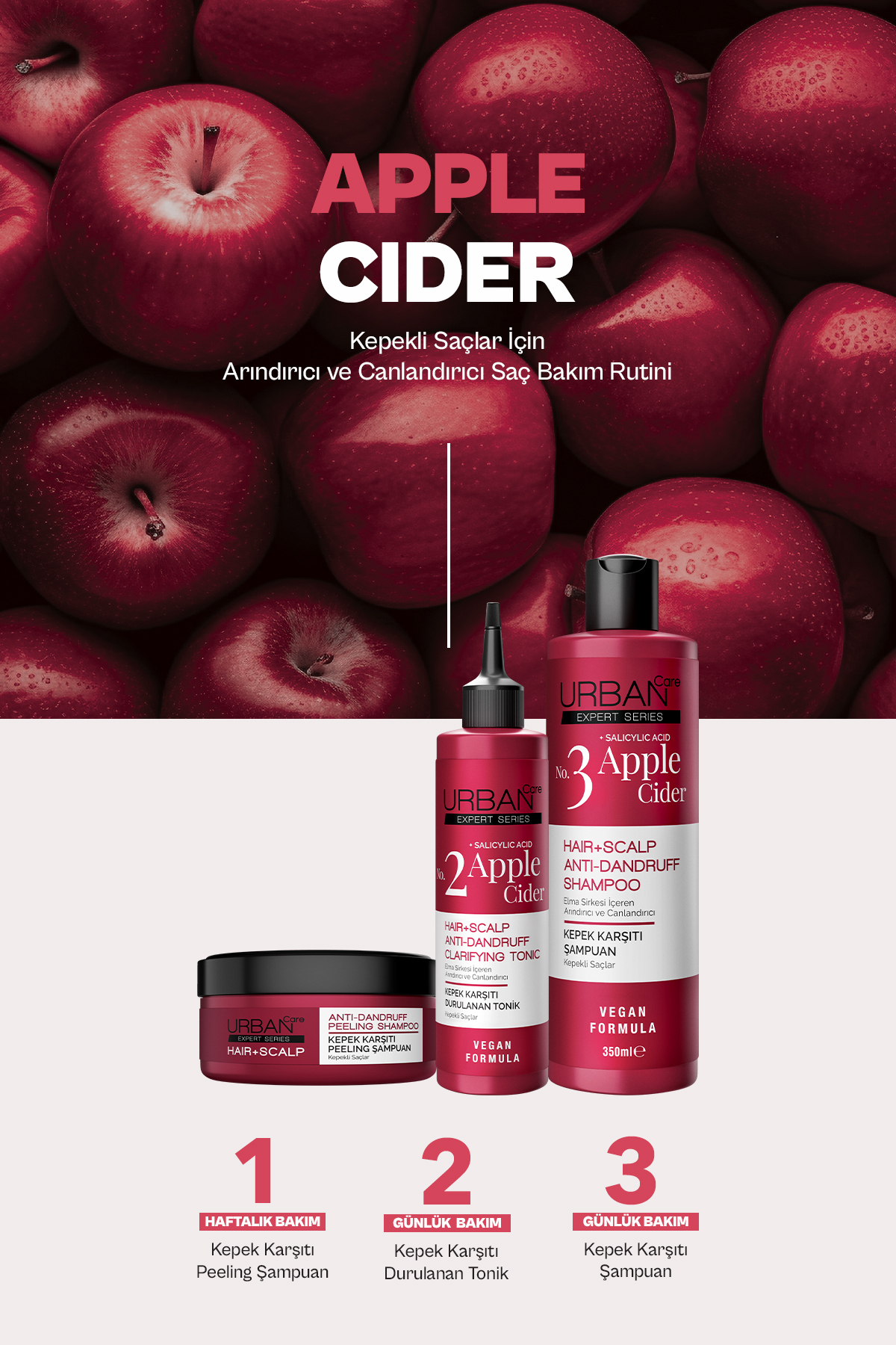 Expert Apple Cider Kepek Karşıtı Saç Bakım Seti Şampuan Tonik Peeling 3'lü-vegan — SET.URB.238 — تصویر 7 از 8