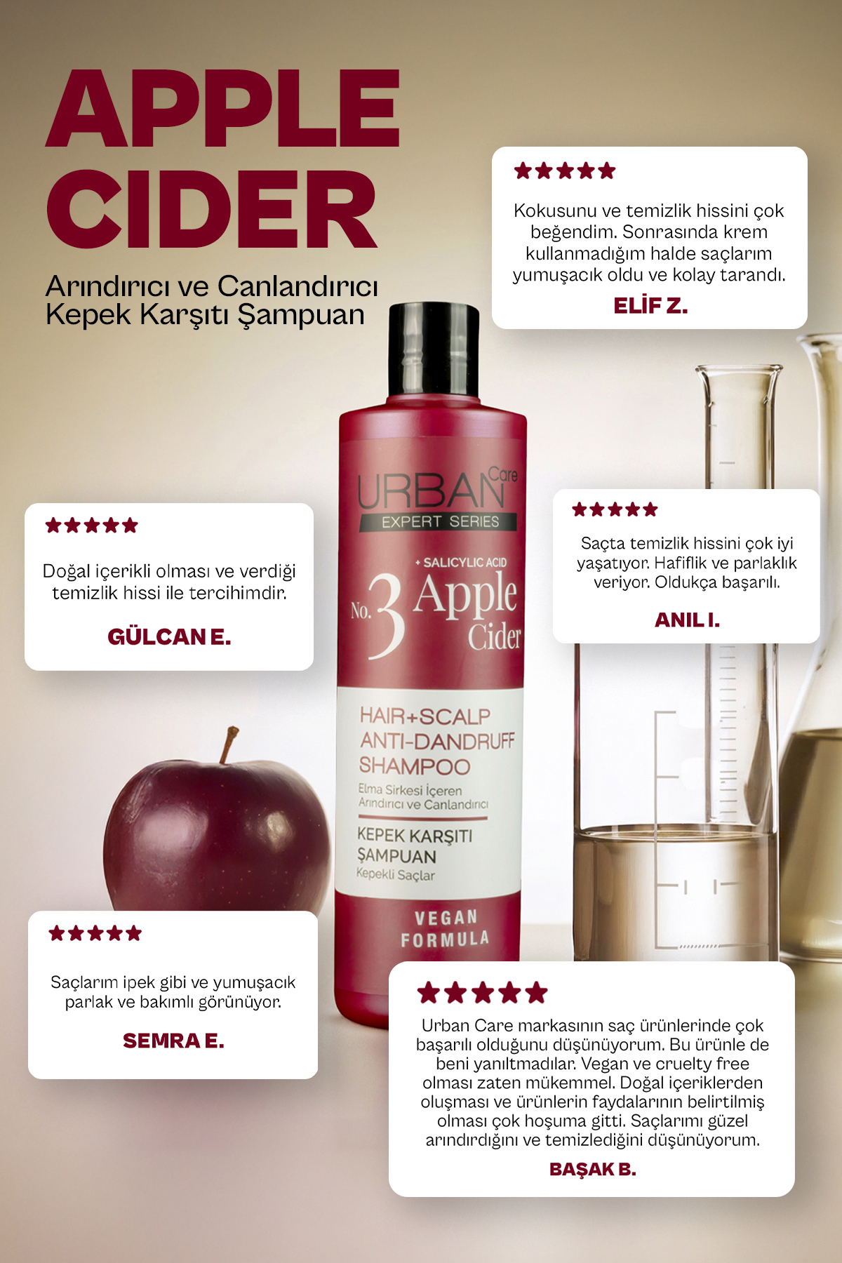 Expert Apple Cider Kepek Karşıtı Saç Bakım Seti Şampuan Tonik Peeling 3'lü-vegan — SET.URB.238 — تصویر 5 از 8