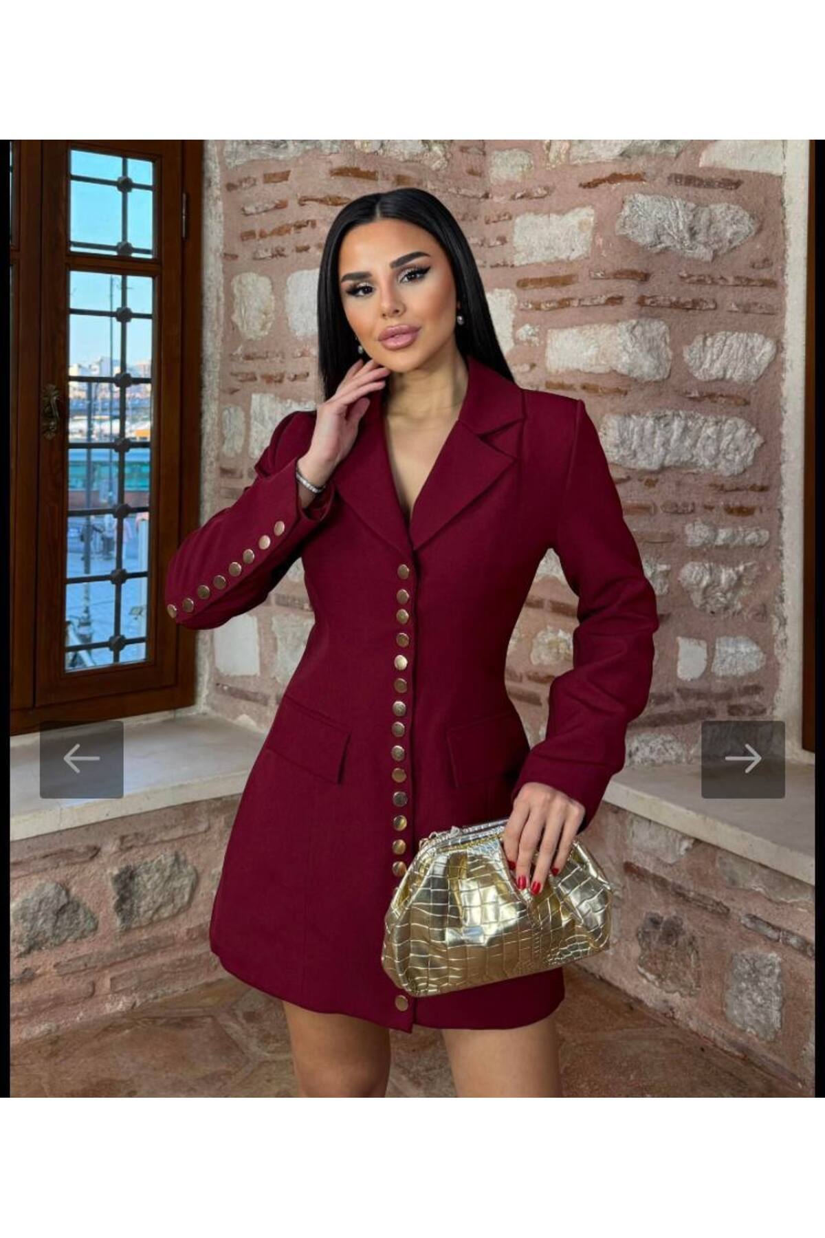 Stil Sepeti-Women's Premium Artizan Blazer Jacket Dress - Detailed Burgundy Gold Kd- 1000423020 1