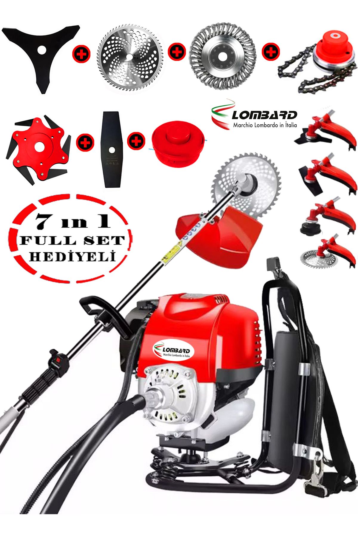 Cros LOMBARD LH 556 7 İN 1 Sırt Tipi Benzinli Motorlu Ot Çalı Tırpanı Çim Biçme Canavar Başlık 20 Hp