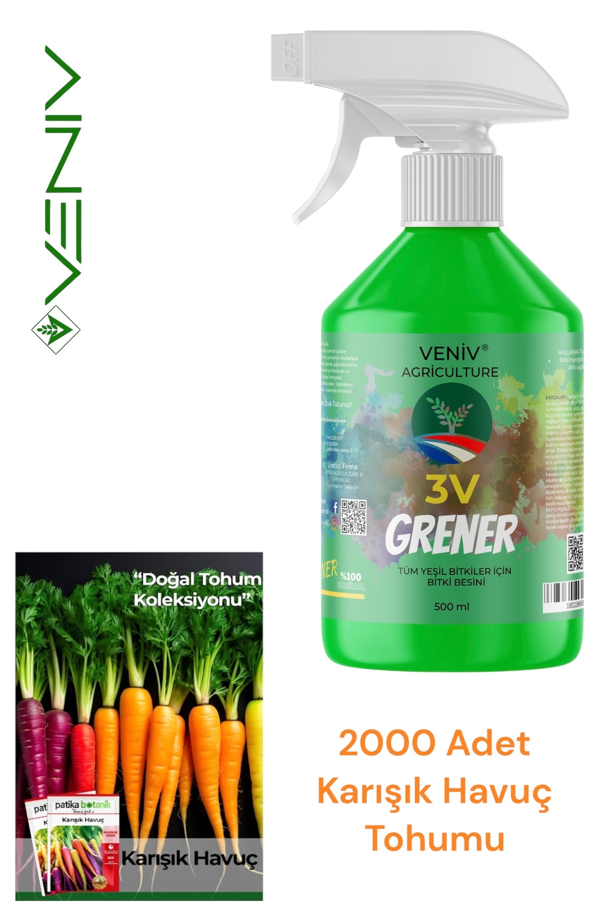 3V Grener 500 ml + 2000 Mixed Carrot Seeds | Colorful and Healthy Gardens