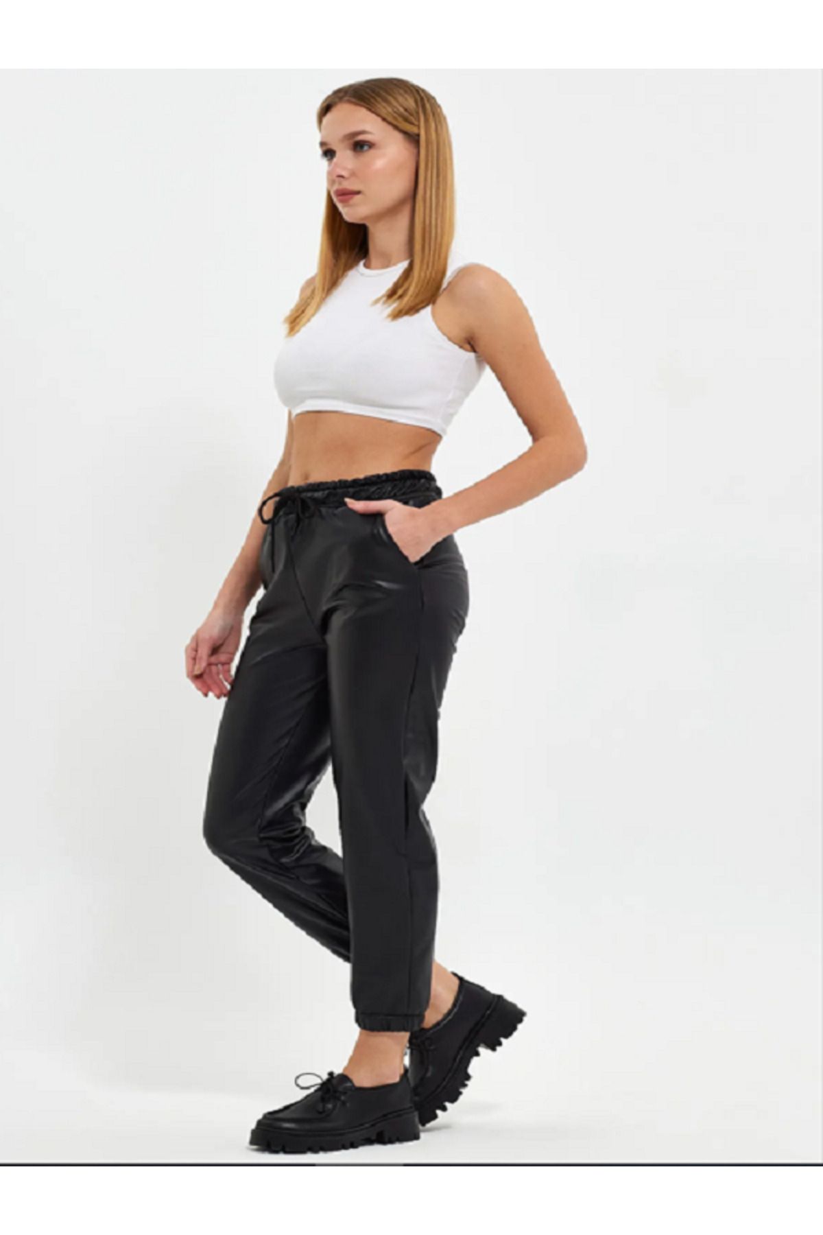 VERA LİFE-Elasticized Belt and Legs with Shardon Inside / Polar Fleece with Laces Matte Leather Jogger Pants 4