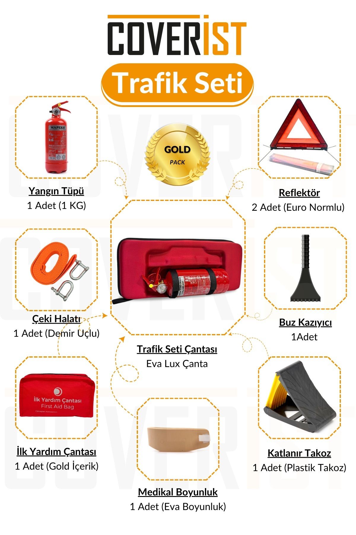 COVERİST Eva Trafik ve İlk Yardım Seti - Muayene Uyumlu 1 KG Araç Yangın Tüpü - 2 Adet Reflektör - Gold Pack