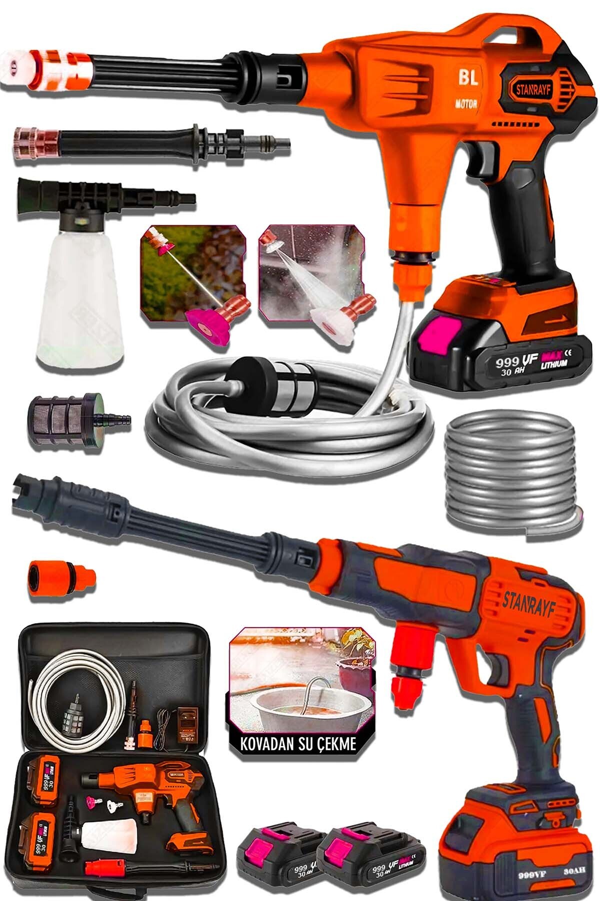 stanrayf Alman 999 Vf 30 Ah Köpüklü 2x Akülü Basınçlı Oto Bahçe Araba Yıkama Sulama Makinesi Max: 120 Bar