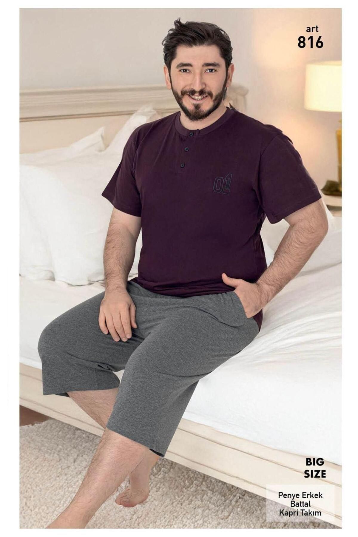 XORVİO Erkek Sıfır Yaka Battal Bermuda Pamuklu Cotton Kısa Kollu T-shirt Kapri Şortlu Pijama Takım, Cepli