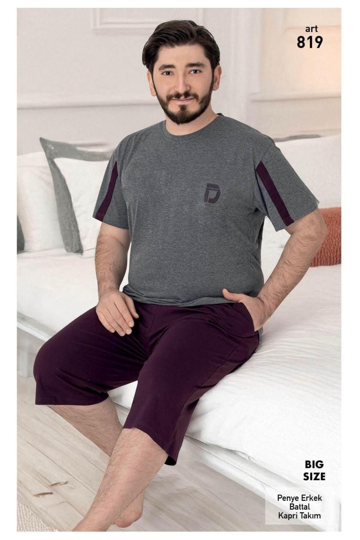 XORVİO Erkek Battal Boy Bermuda Pamuklu Cotton Kısa Kollu T-Shirt Kapri Şortlu Pijama Takım, Cepli