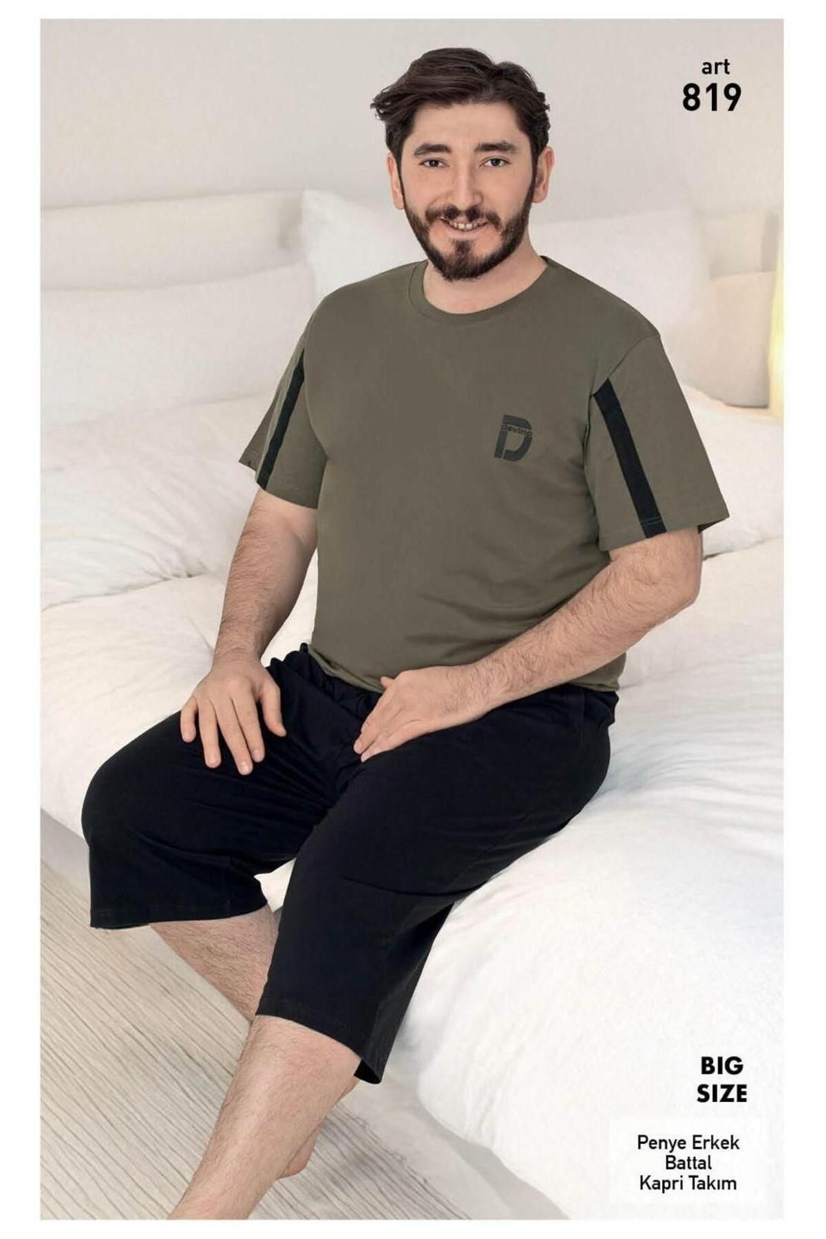 XORVİO Erkek Battal Bermuda Pamuklu Cotton Kısa Kollu T-shirt Kapri Şortlu Haki Pijama Takım Cepli