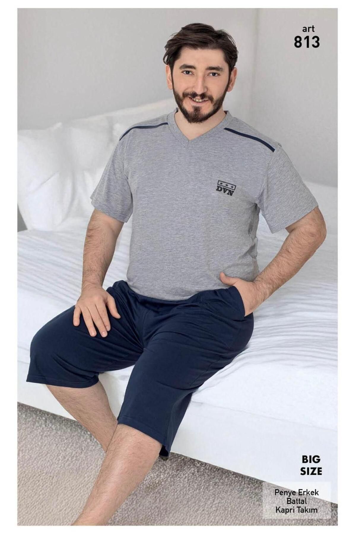 XORVİO Erkek Battal Bermuda Pamuklu Cotton Kısa Kollu T-shirt Kapri Şortlu Gri Pijama Takım, Cepli