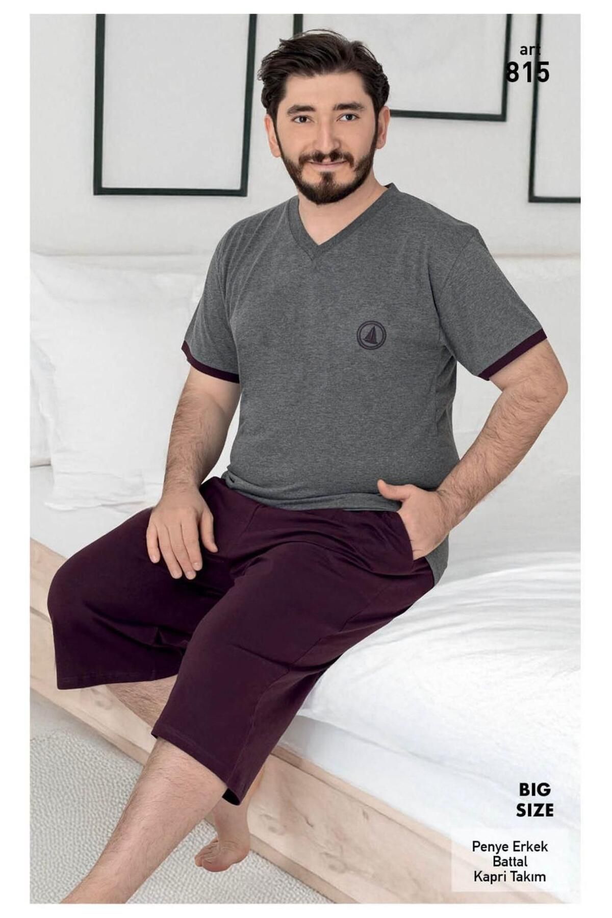 XORVİO Erkek Battal Bermuda Pamuklu Cotton Kısa Kollu T-Shirt Kapri Şortlu Pijama Takım, Cepli
