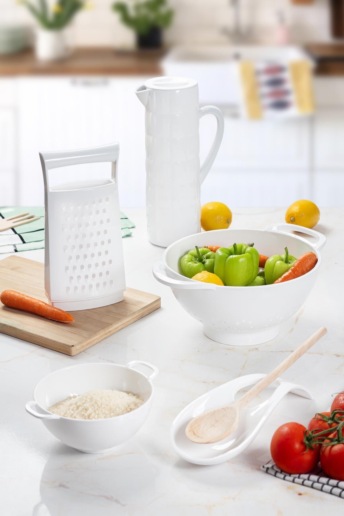 Depa-5 Piece Acrylic White Jug and Mini Strainer Set - Spoon Holder and Kitchen Dowry 2