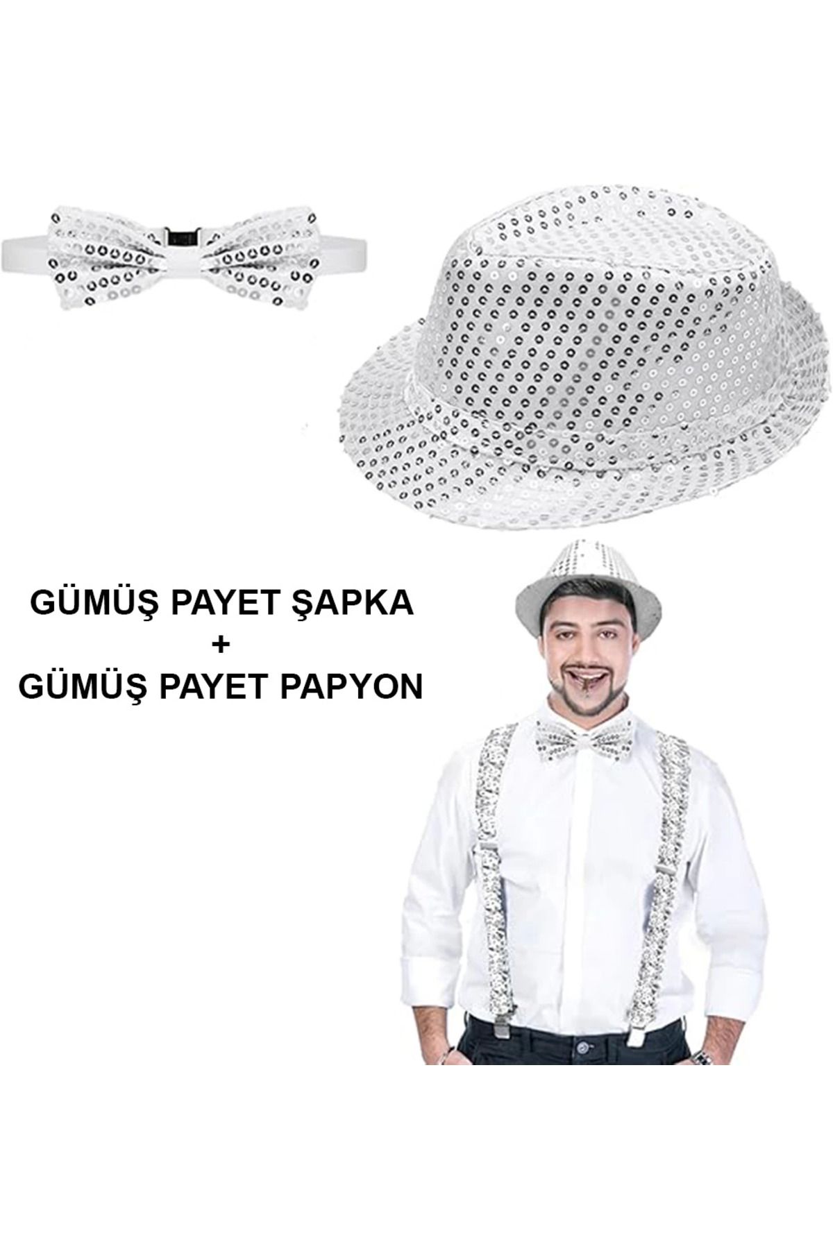 Narnuga Gümüş Payetli Şapka Ve Papyon Seti – Parıltılı Yetişkin Kostüm Seti - MCT4224-2405